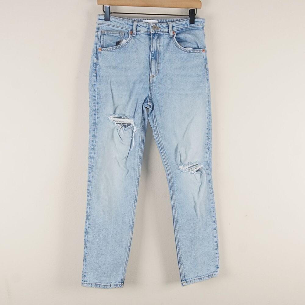 Zara High Rise Light Wash Distressed Ripped Mom Jeans Womens Sz 6